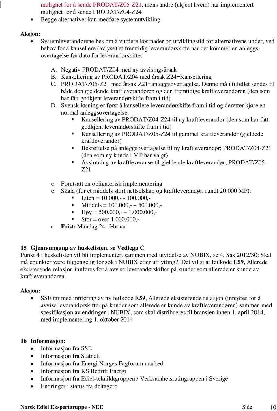 Negativ PRODAT/Z04 med ny avvisingsårsak B. Kansellering av PRODAT/Z04 med årsak Z24=Kansellering C. PRODAT/Z05-Z21 med årsak Z21=anleggsovertagelse.