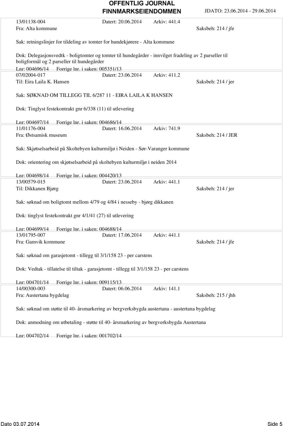 boligformål og 2 parseller til hundegårder Lnr: 004696/14 Forrige lnr. i saken: 005351/13 07/02004-017 Datert: 23.06.2014 Arkiv: 411.2 Til: Eira Laila K.