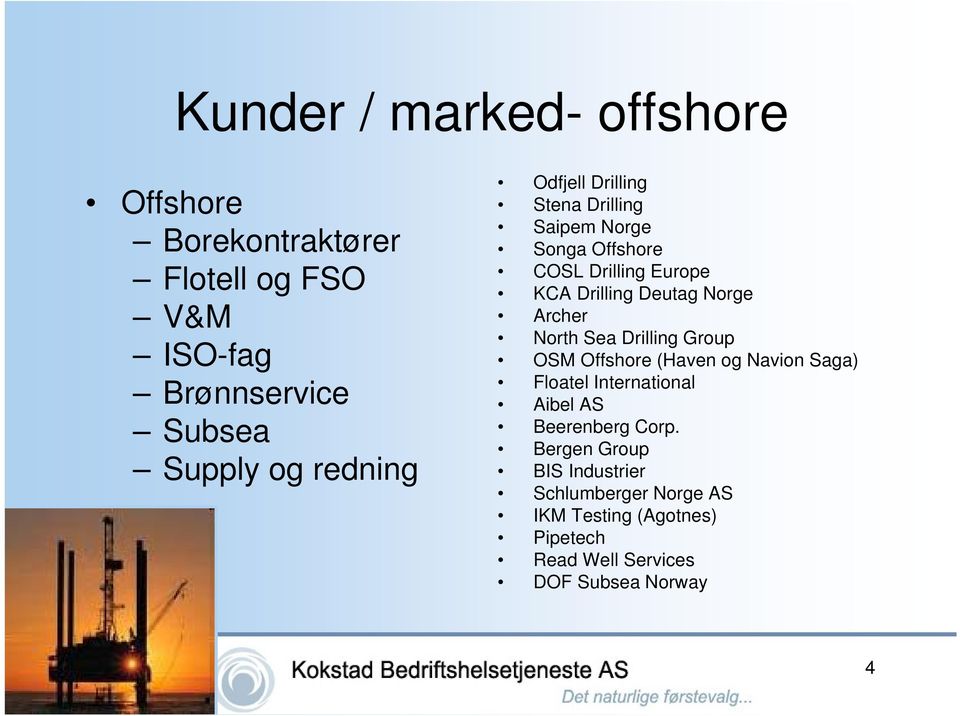 Archer North Sea Drilling Group OSM Offshore (Haven og Navion Saga) Floatel International Aibel AS Beerenberg Corp.