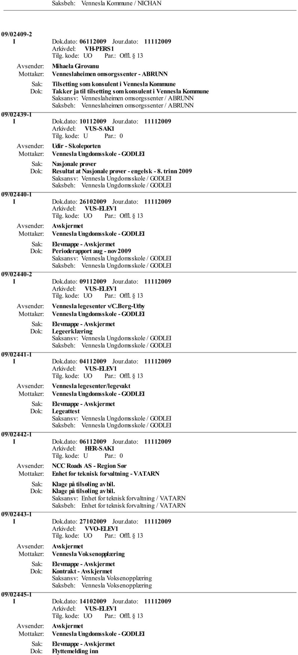 Venneslaheimen omsorgssenter / ABRUNN Saksbeh: Venneslaheimen omsorgssenter / ABRUNN 09/02439-1 I Dok.dato: 10112009 Jour.