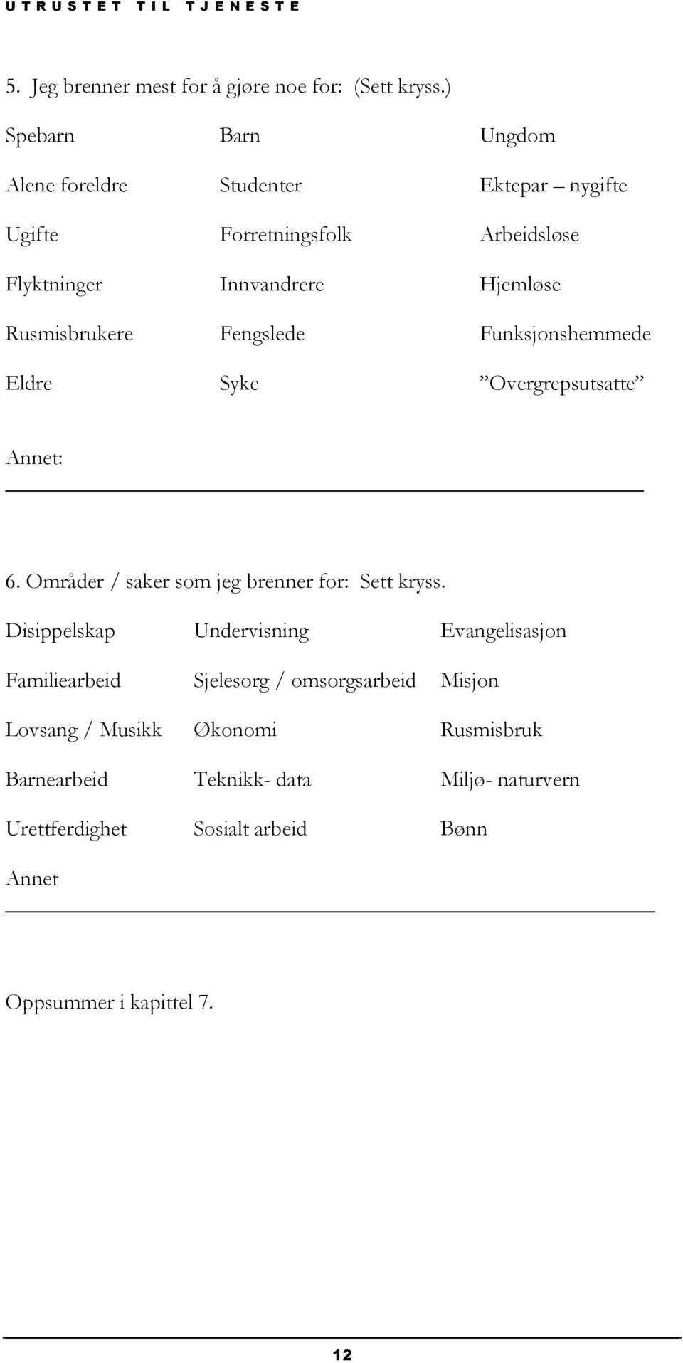 Rusmisbrukere Fengslede Funksjonshemmede Eldre Syke Overgrepsutsatte Annet: 6. Områder / saker som jeg brenner for: Sett kryss.