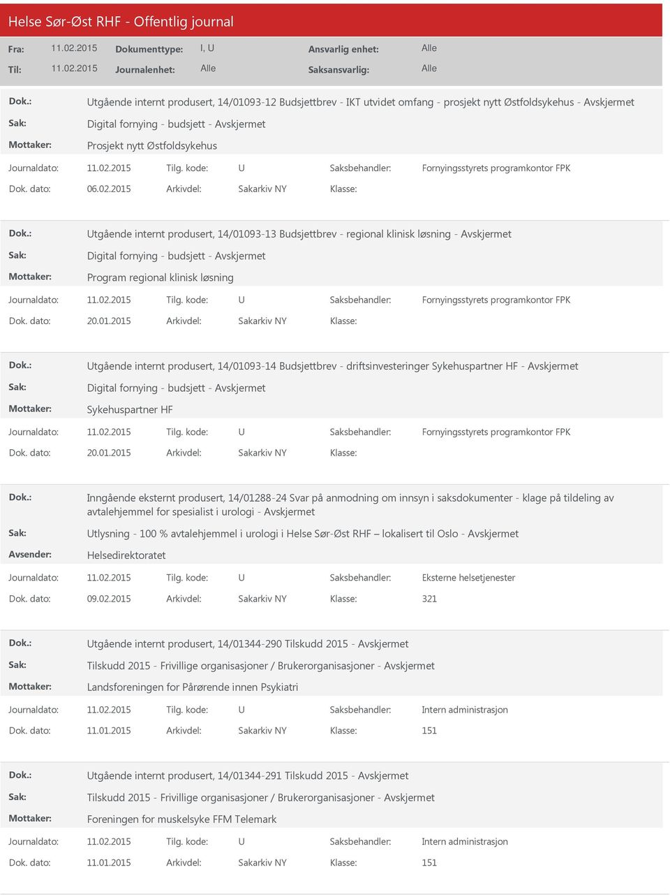 01.2015 Inngående eksternt produsert, 14/01288-24 Svar på anmodning om innsyn i saksdokumenter - klage på tildeling av avtalehjemmel for spesialist i urologi - tlysning - 100 % avtalehjemmel i