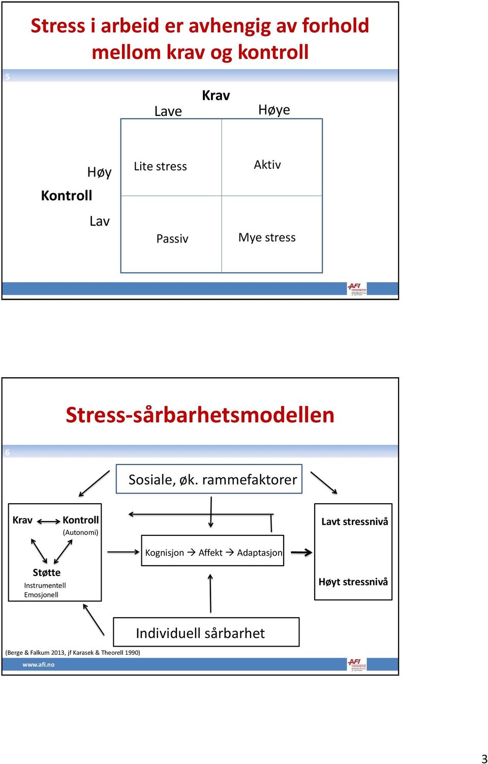 rammefaktorer Krav Kontroll (Autonomi) Lavt stressnivå Kognisjon Affekt Adaptasjon Støtte