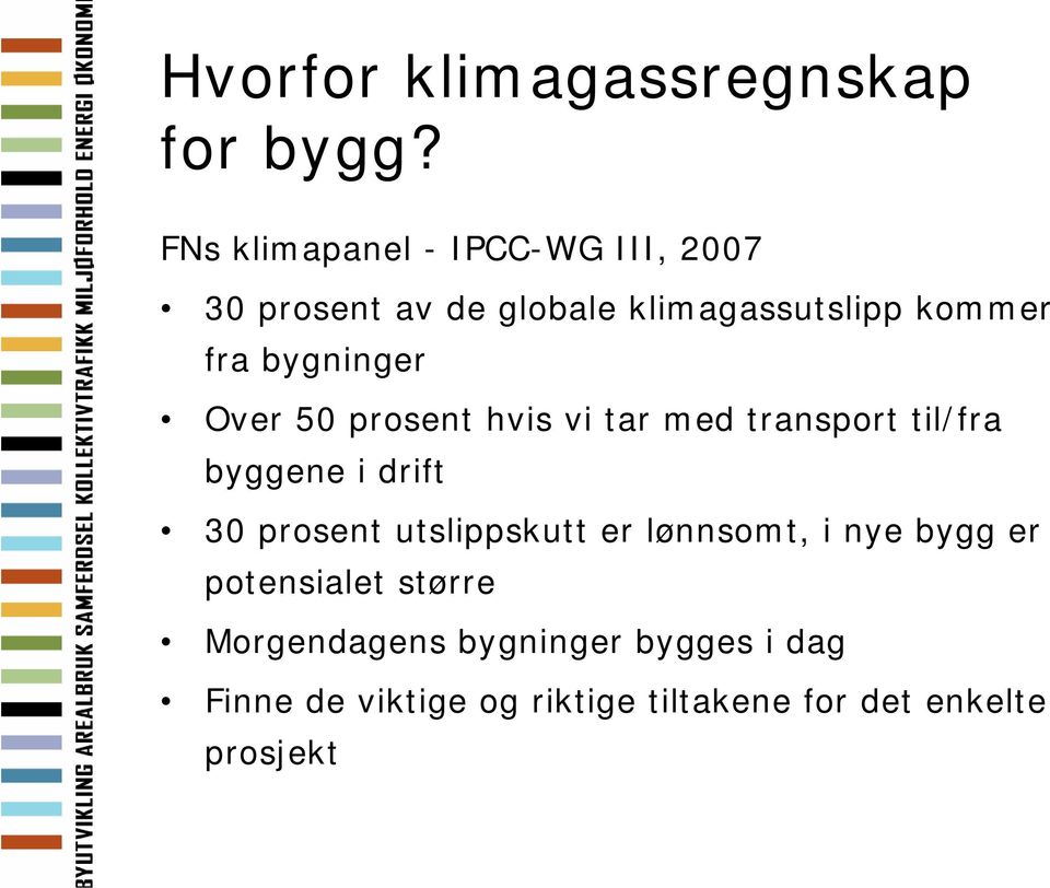 bygninger Over 50 prosent hvis vi tar med transport til/fra byggene i drift 30 prosent