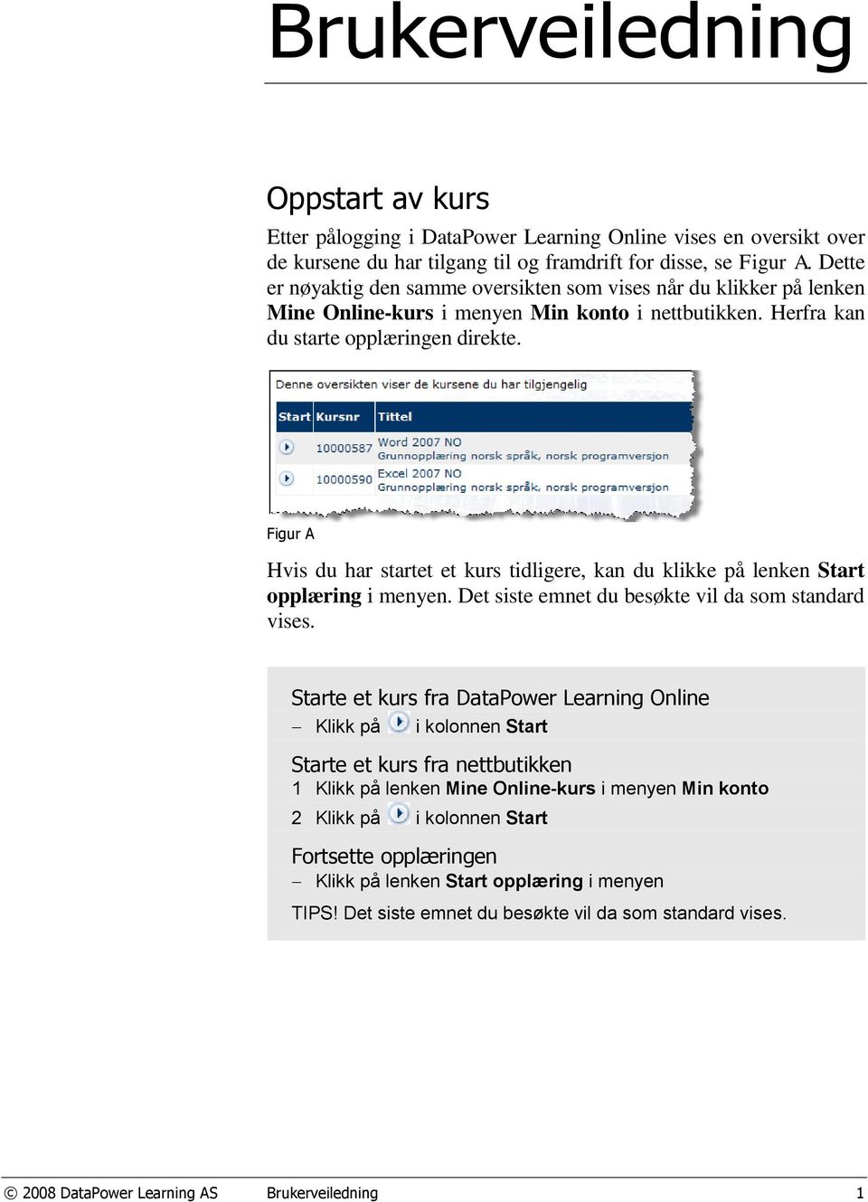 Figur A Hvis du har startet et kurs tidligere, kan du klikke på lenken Start opplæring i menyen. Det siste emnet du besøkte vil da som standard vises.