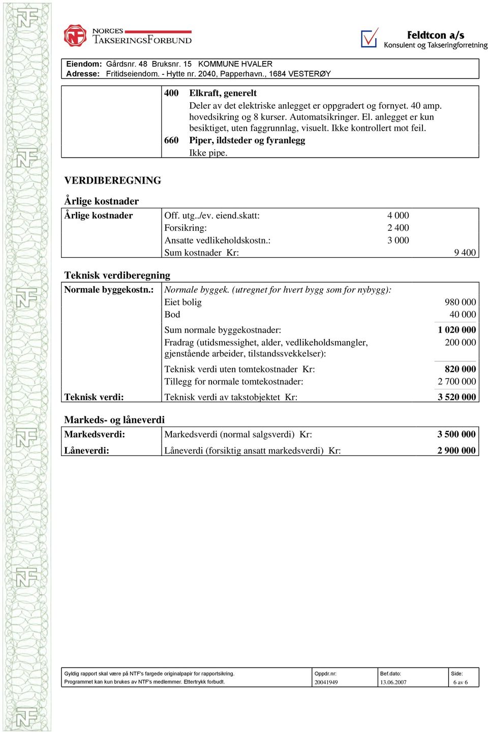 : Sum kostnader Kr: 4 000 2 400 3 000 9 400 Teknisk verdiberegning Normale byggekostn.: Teknisk verdi: Normale byggek.