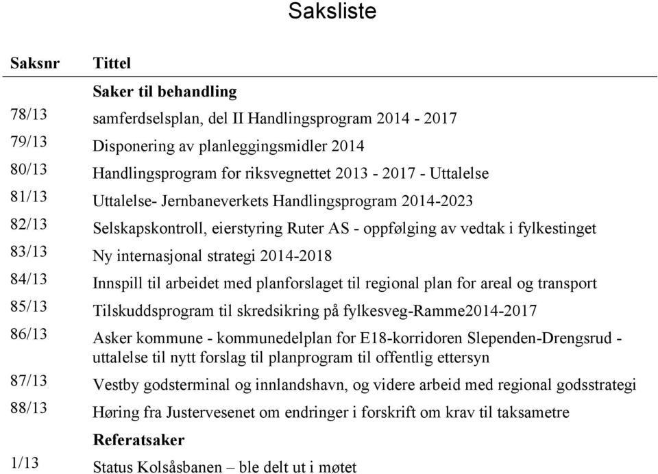 84/13 Innspill til arbeidet med planforslaget til regional plan for areal og transport 85/13 Tilskuddsprogram til skredsikring på fylkesveg-ramme2014-2017 86/13 Asker kommune - kommunedelplan for