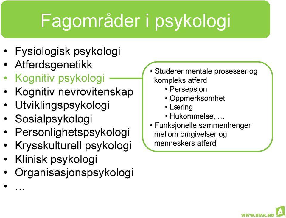 psykologi Klinisk psykologi Organisasjonspsykologi Studerer mentale prosesser og kompleks