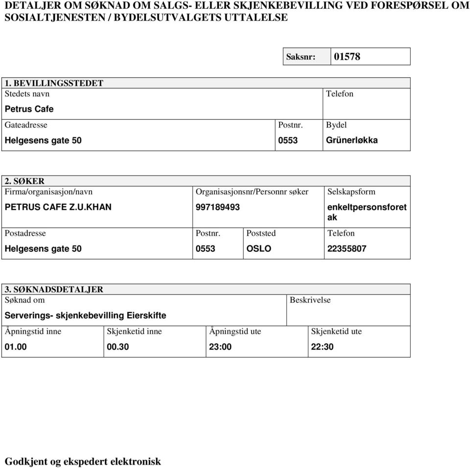 CAFE Z.U.KHAN Postadresse Helgesens gate 50 Organisasjonsnr/Personnr søker 997189493 Postnr.