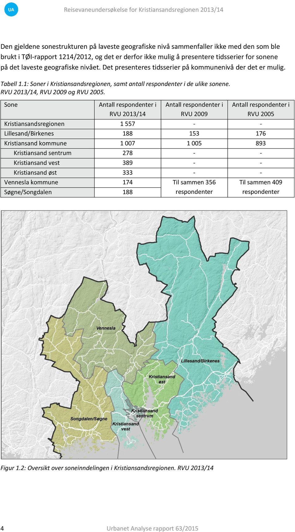 1: Soner i Kristiansandsregionen, samt antall respondenter i de ulike sonene. RVU 01/1, RVU 00 og RVU 00.