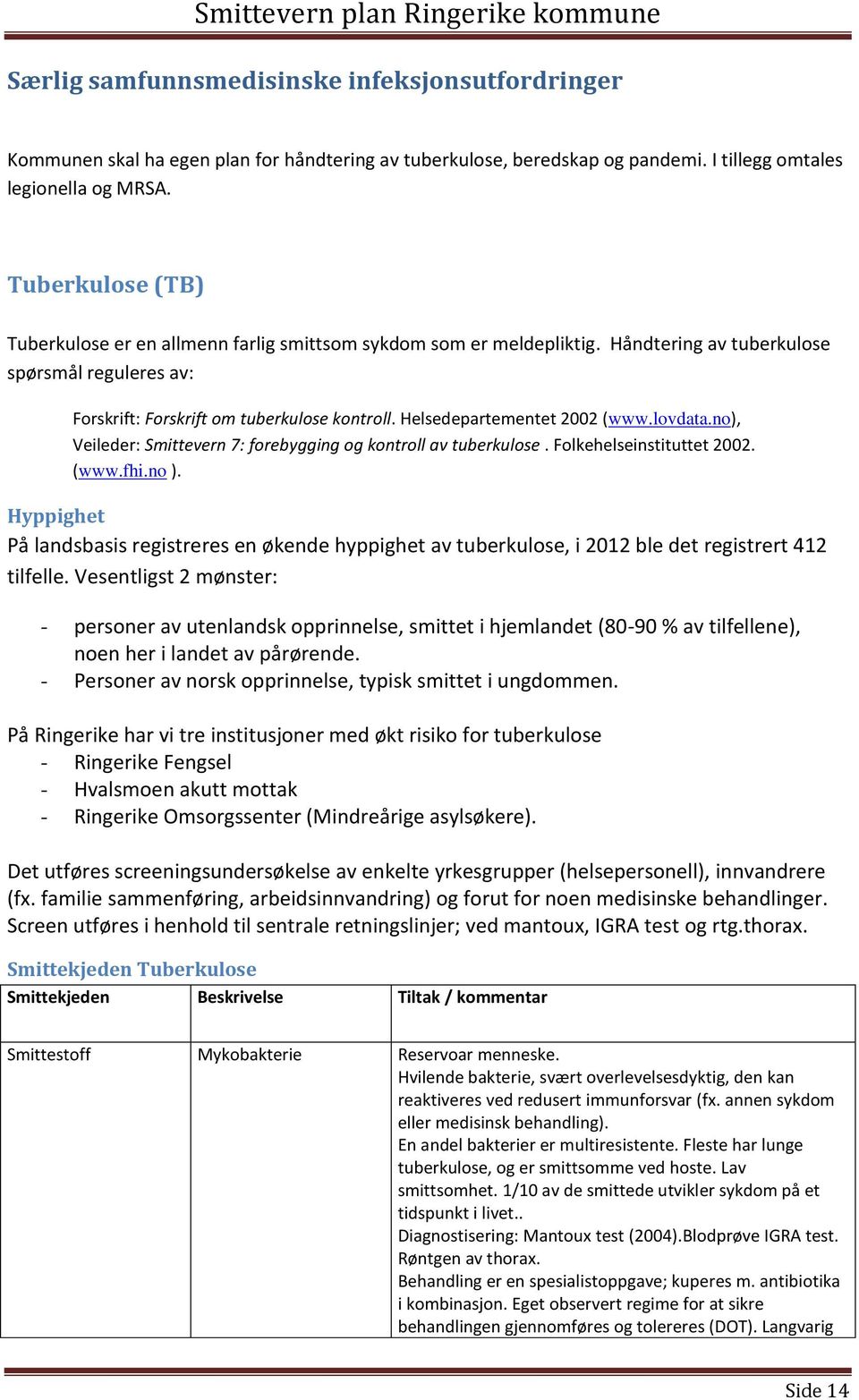 Helsedepartementet 2002 (www.lovdata.no), Veileder: Smittevern 7: forebygging og kontroll av tuberkulose. Folkehelseinstituttet 2002. (www.fhi.no ).
