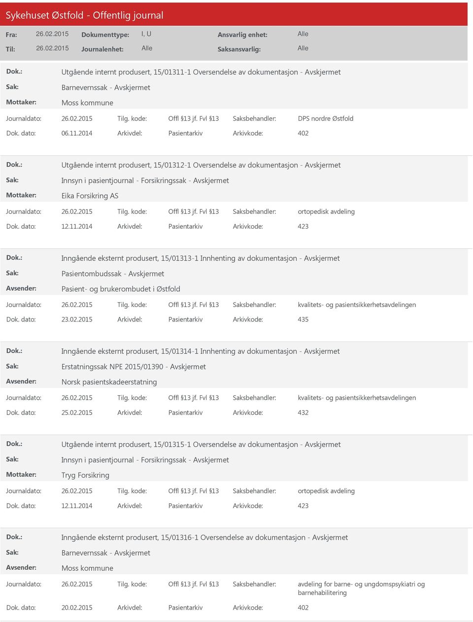 2014 Arkivdel: Pasientarkiv Arkivkode: 402 tgående internt produsert, 15/01312-1 Oversendelse av dokumentasjon - Innsyn i pasientjournal - Forsikringssak - Eika Forsikring AS ortopedisk avdeling Dok.