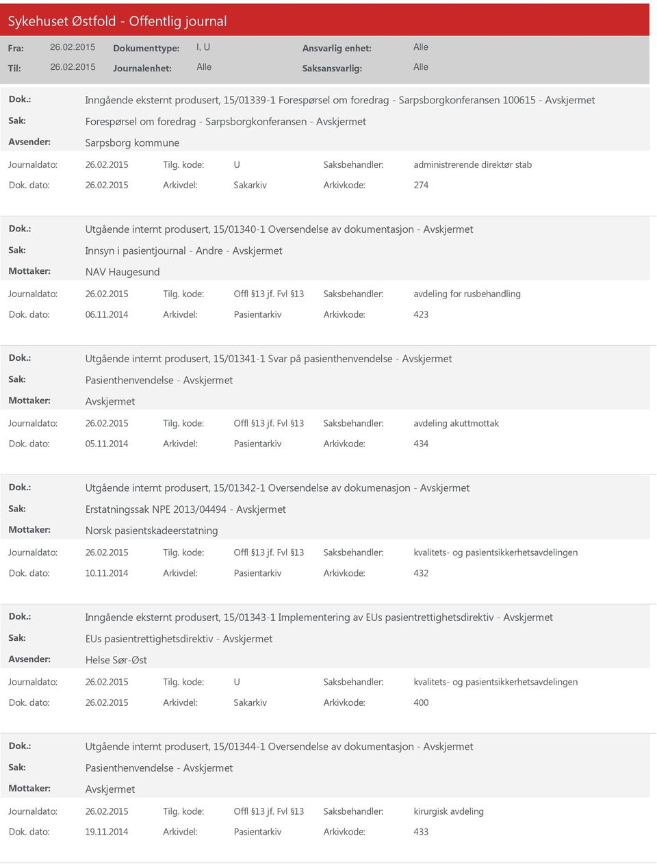 dato: 06.11.2014 Arkivdel: Pasientarkiv Arkivkode: 423 tgående internt produsert, 15/01341-1 Svar på pasienthenvendelse - Pasienthenvendelse - avdeling akuttmottak Dok. dato: 05.11.2014 Arkivdel: Pasientarkiv Arkivkode: 434 tgående internt produsert, 15/01342-1 Oversendelse av dokumenasjon - Erstatningssak NPE 2013/04494 - Norsk pasientskadeerstatning Dok.