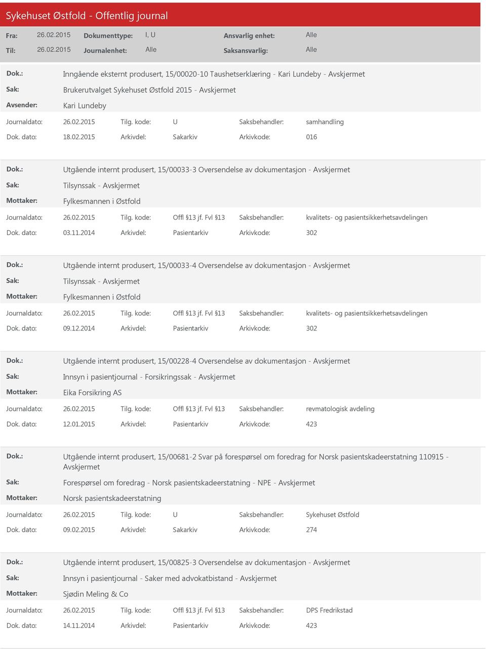 2014 Arkivdel: Pasientarkiv Arkivkode: 302 tgående internt produsert, 15/00033-4 Oversendelse av dokumentasjon - Tilsynssak - Fylkesmannen i Østfold Dok. dato: 09.12.