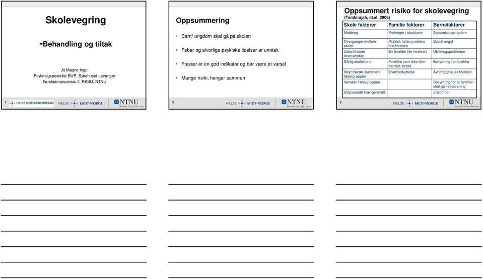 al, 2008) Skole faktorer Familie faktorer Barnefaktorer Mobbing Endringer i strukturen Separasjonsproblem Overganger mellom skoler Uidentifiserte lærevansker Dårlig skoleklima Høyt fravær/ turnover i