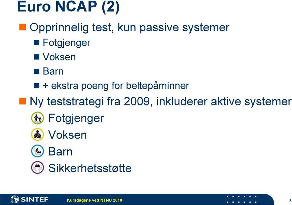 Ny teststrategi fra 2009, inkluderer aktive systemer