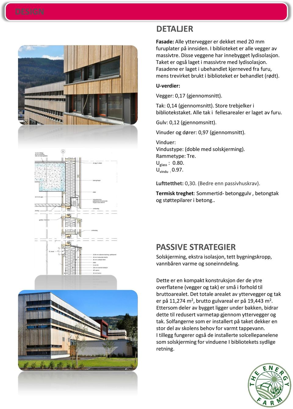 Tak: 0,14 (gjennomsnitt). Store trebjelker i bibliotekstaket. Alle tak i fellesarealer er laget av furu. Gulv: 0,12 (gjennomsnitt). Vinuder og dører: 0,97 (gjennomsnitt).