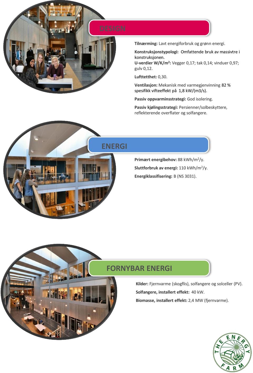 Passiv oppvarminsstrategi: God isolering. Passiv kjølingsstrategi: Persienner/solbeskyttere, reflekterende overflater og solfangere. ENERGI Primært energibehov: 88 kwh/m 2 /y.