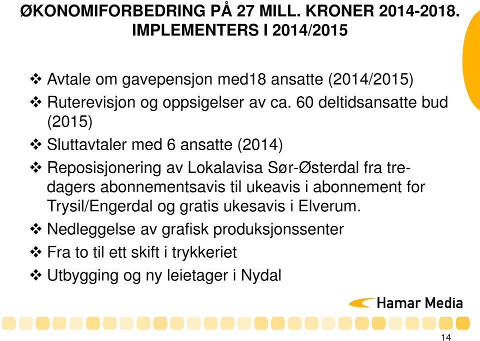 60 deltidsansatte bud (2015) Sluttavtaler med 6 ansatte (2014) Reposisjonering av Lokalavisa Sør-Østerdal fra tredagers