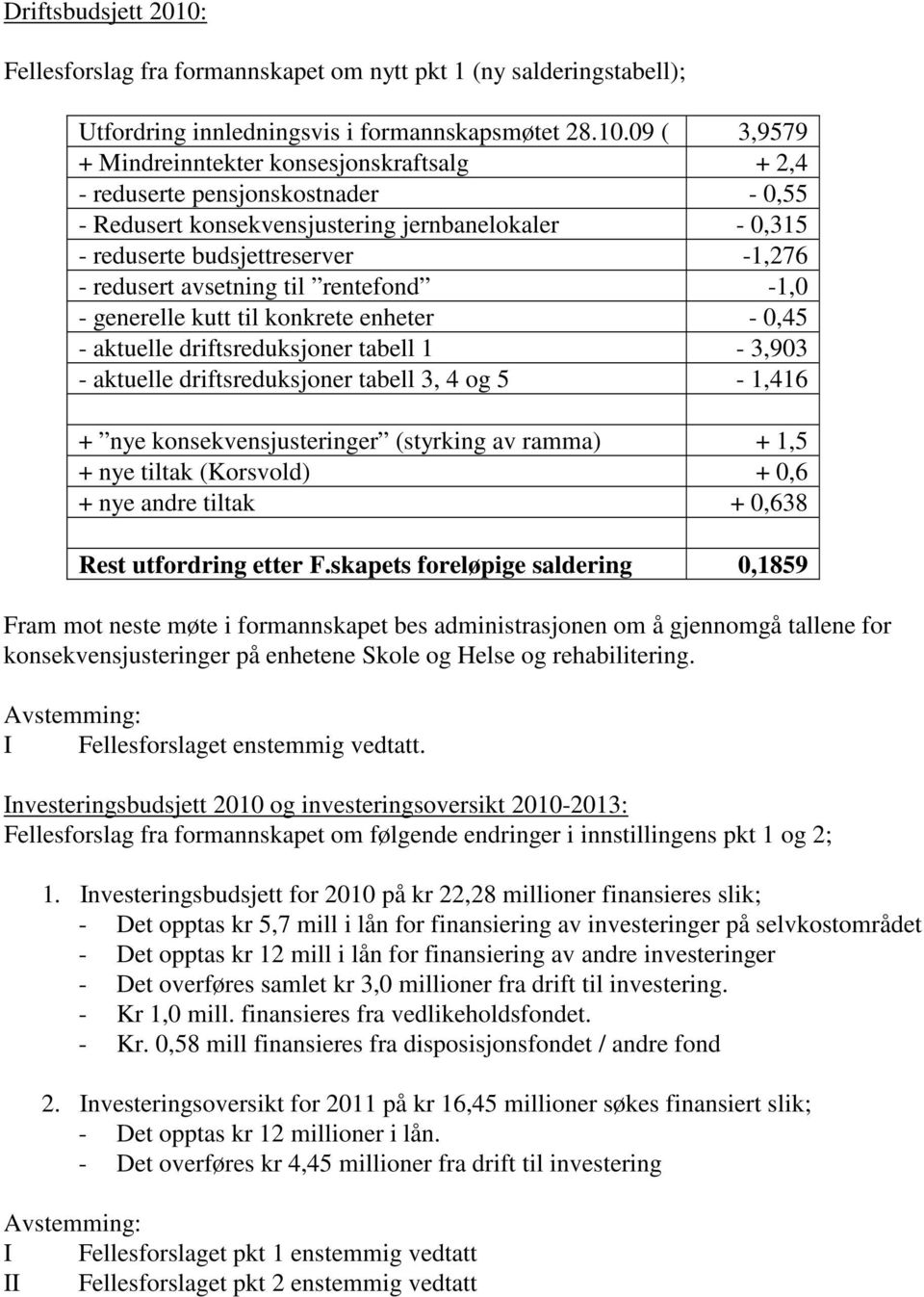 09 ( 3,9579 + Mindreinntekter konsesjonskraftsalg + 2,4 - reduserte pensjonskostnader - 0,55 - Redusert konsekvensjustering jernbanelokaler - 0,315 - reduserte budsjettreserver -1,276 - redusert