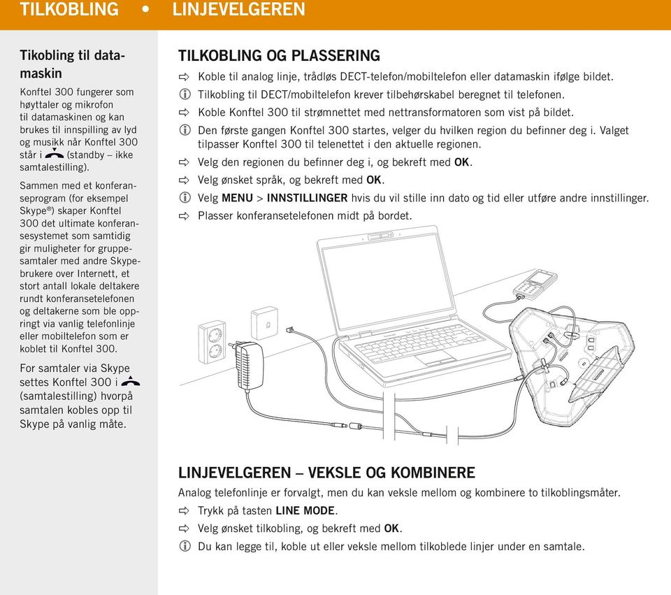 Sammen med et konferanseprogram (for eksempel Skype ) skaper Konftel 300 det ultimate konferansesystemet som samtidig gir muligheter for gruppesamtaler med andre Skypebrukere over Internett, et stort