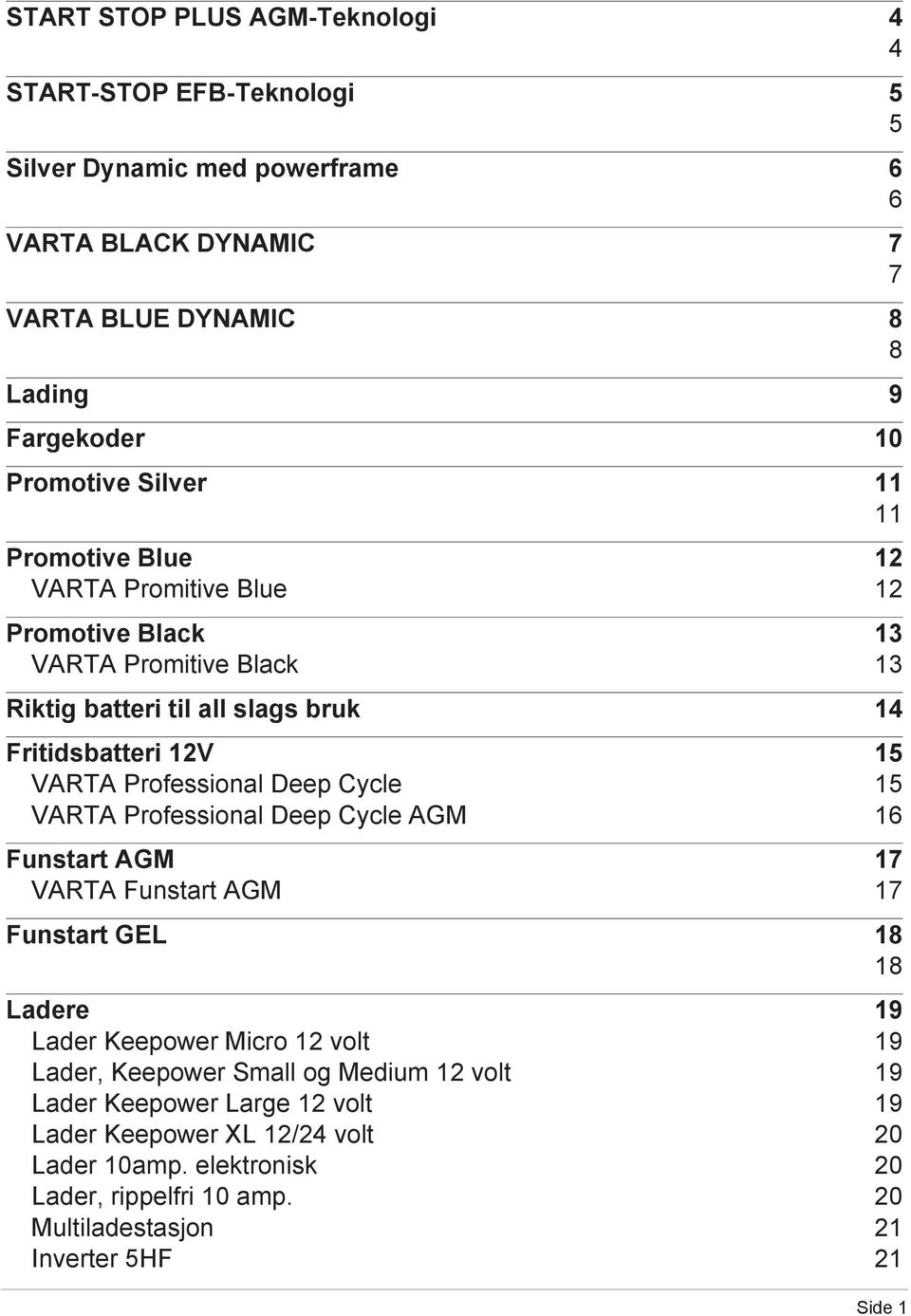 Professional Deep Cycle VARTA Professional Deep Cycle AGM 5 5 6 Funstart AGM VARTA Funstart AGM 7 7 Funstart GEL 8 8 Ladere Lader Keepower Micro volt Lader,