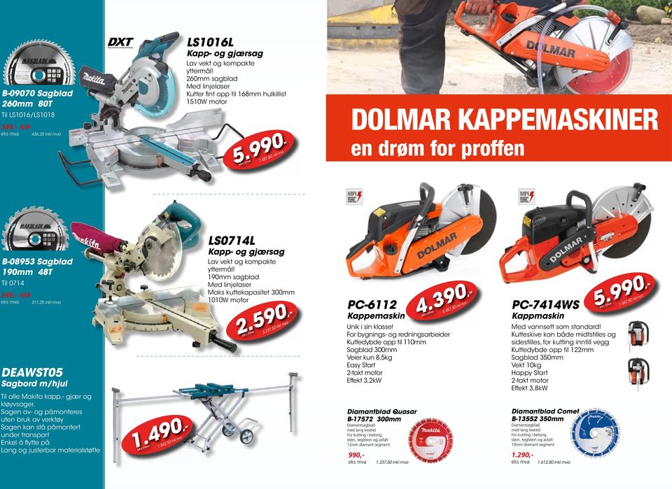 487,50 inkl mva DOLMAR KAPPEMASKINER en drøm for proffen B-08953 Sagblad 190mm 48T Til 0714 249,- /stk 311,25 inkl mva DEAWST05 Sagbord m/hjul Til alle Makita kapp,- gjær og kløyvsager.