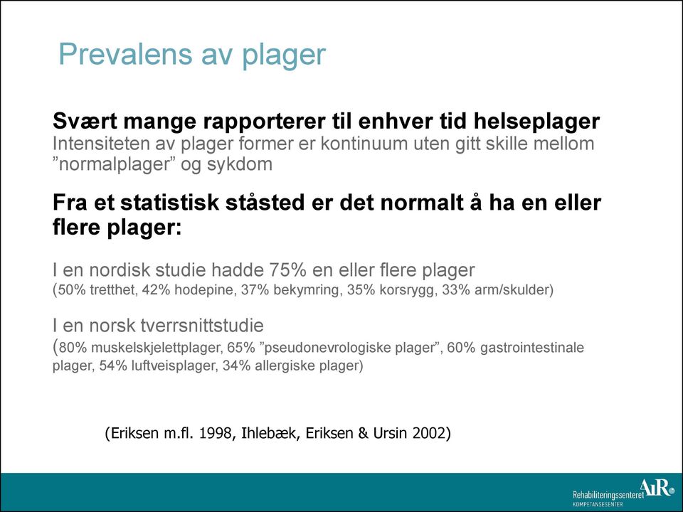 plager (50% tretthet, 42% hodepine, 37% bekymring, 35% korsrygg, 33% arm/skulder) I en norsk tverrsnittstudie (80% muskelskjelettplager, 65%