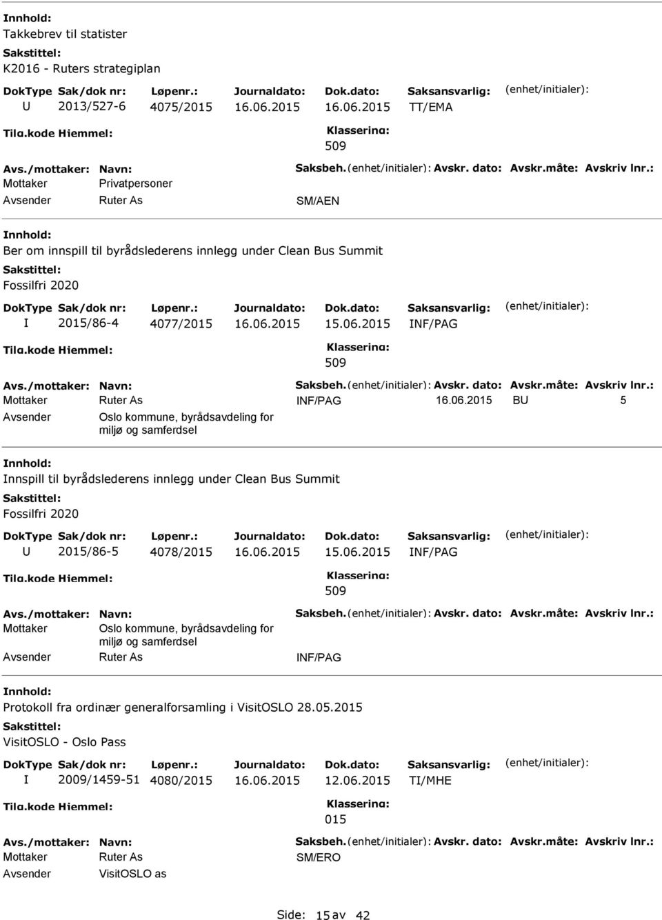 måte: Avskriv lnr.: NF/PAG B 5 Oslo kommune, byrådsavdeling for miljø og samferdsel nnspill til byrådslederens innlegg under Clean Bus Summit Fossilfri 2020 2015/86-5 4078/2015 NF/PAG 509 Avs.