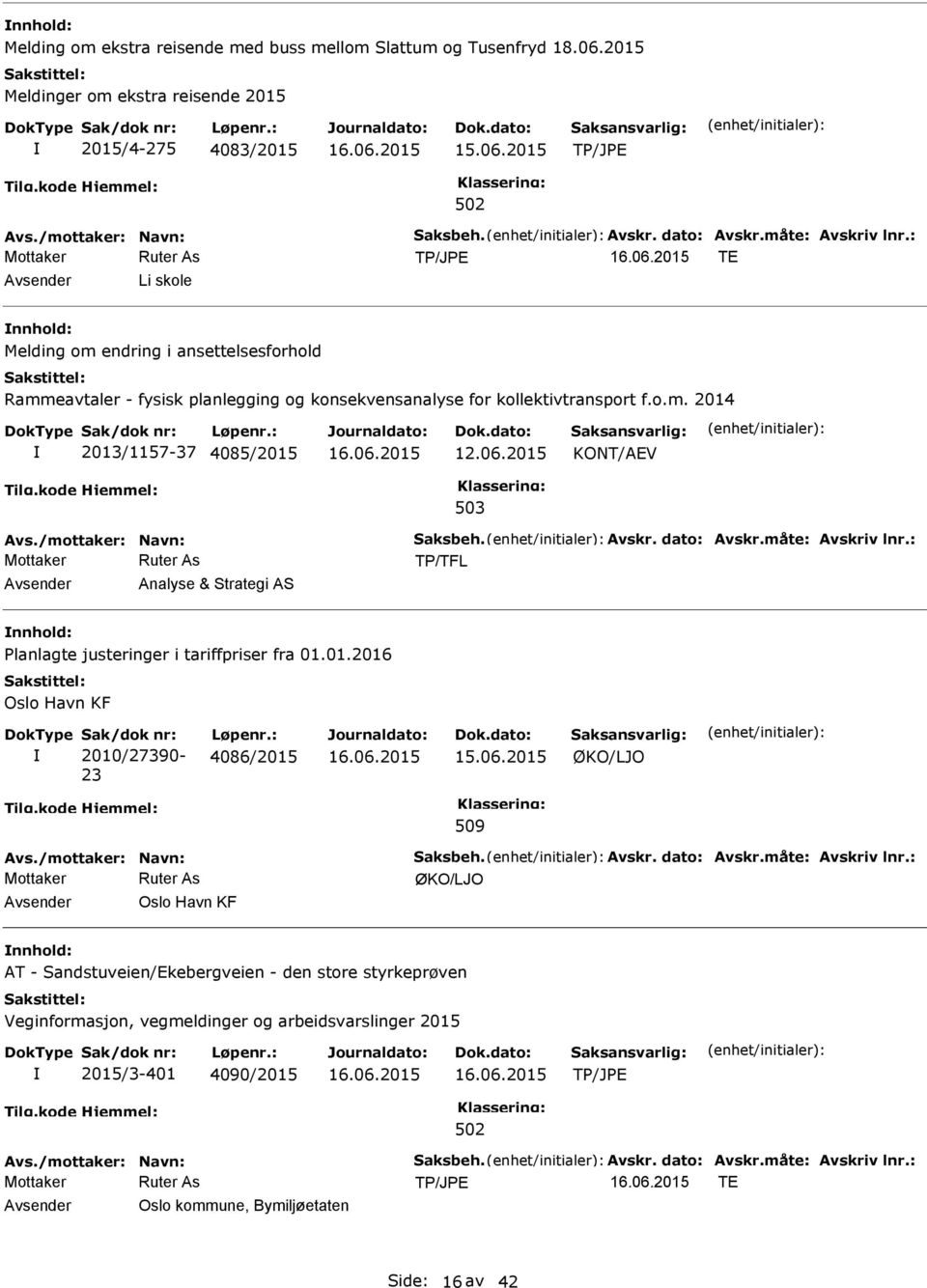 /mottaker: Navn: Saksbeh. Avskr. dato: Avskr.måte: Avskriv lnr.: TP/TFL Analyse & Strategi AS Planlagte justeringer i tariffpriser fra 01.01.2016 Oslo Havn KF Sak/dok nr: 2010/27390-23 Løpenr.