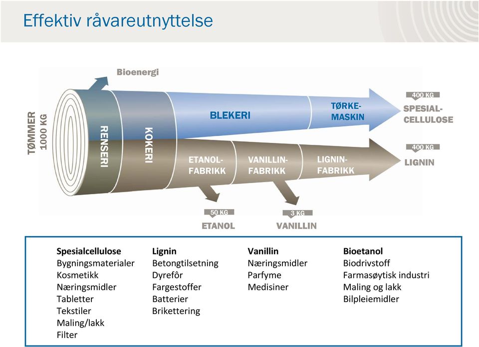 Bioetanol Bygningsmaterialer Betongtilsetning Næringsmidler Biodrivstoff Kosmetikk Dyrefôr Parfyme Farmasøytisk industri