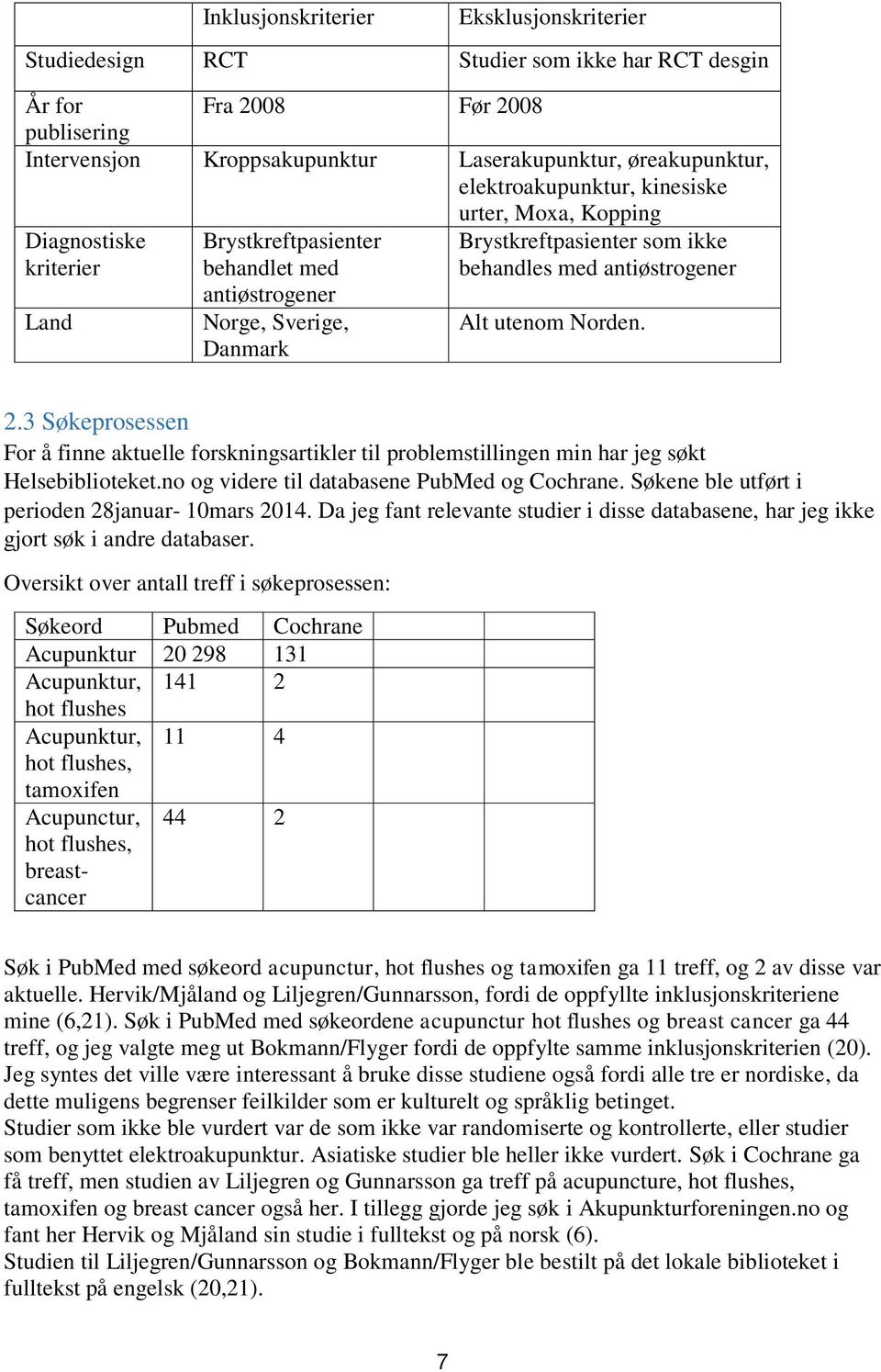 Sverige, Danmark Alt utenom Norden. 2.3 Søkeprosessen For å finne aktuelle forskningsartikler til problemstillingen min har jeg søkt Helsebiblioteket.no og videre til databasene PubMed og Cochrane.