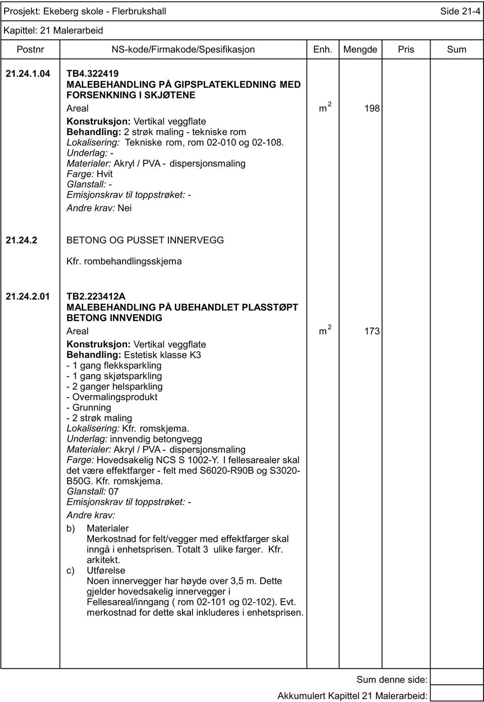 223412A MALEBEHANDLING PÅ UBEHANDLET PLASSTØPT BETONG INNVENDIG Areal m 2 173 Behandling: Estetisk klasse K3-1 gang flekksparkling - 1 gang skjøtsparkling - 2 ganger helsparkling - Overmalingsprodukt