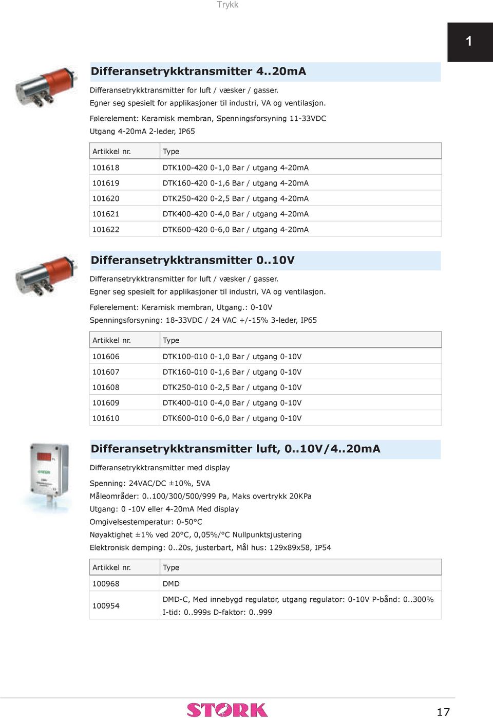 Bar / utgang 4-20mA 101621 DTK400-420 0-4,0 Bar / utgang 4-20mA 101622 DTK600-420 0-6,0 Bar / utgang 4-20mA Differansetrykktransmitter 0..10V Differansetrykktransmitter for luft / væsker / gasser.