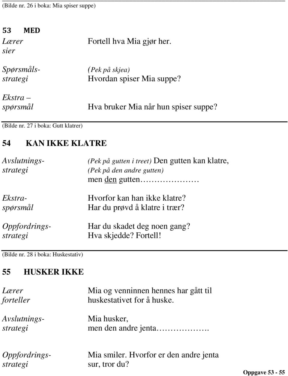 27 i boka: Gutt klatrer) 54 KAN IKKE KLATRE Ekstraspørsmål Oppfordringsstrategi (Pek på gutten i treet) Den gutten kan klatre, (Pek på den andre gutten) men den gutten Hvorfor