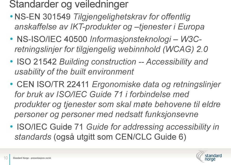 0 ISO 21542 Building construction -- Accessibility and usability of the built environment CEN ISO/TR 22411 Ergonomiske data og retningslinjer for bruk av ISO/IEC