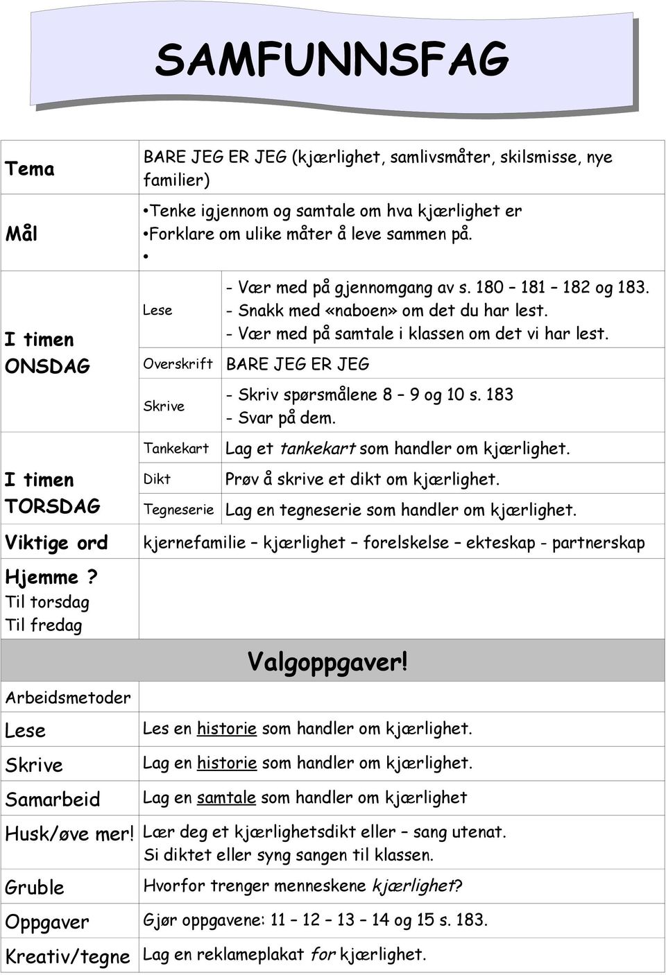 Overskrift Tankekart Dikt Tegneserie - Vær med på gjennomgang av s. 180 181 182 og 183. - Snakk med «naboen» om det du har lest. - Vær med på samtale i klassen om det vi har lest.