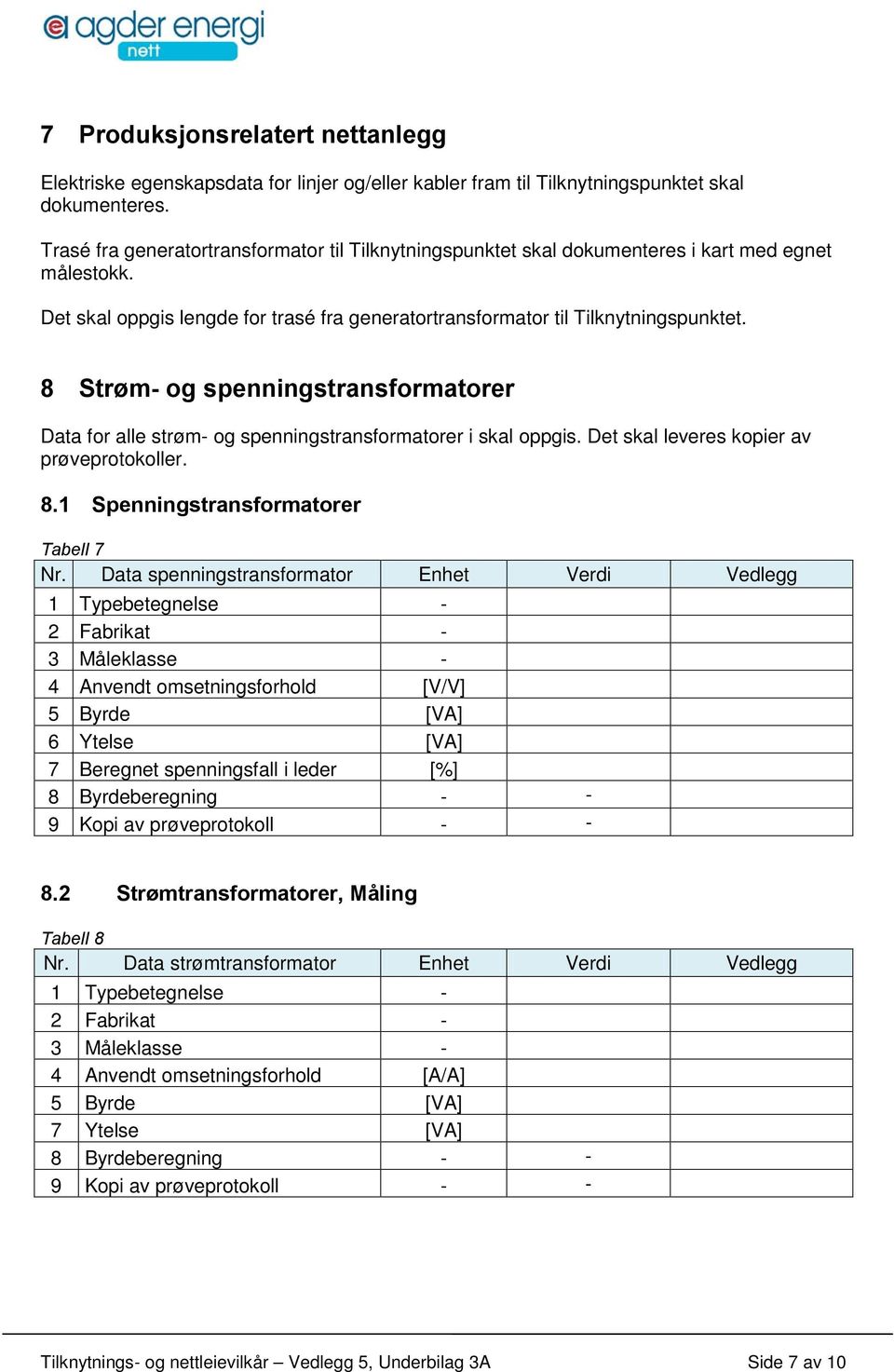 8 Strøm- og spenningstransformatorer Data for alle strøm- og spenningstransformatorer i skal oppgis. Det skal leveres kopier av prøveprotokoller. 8.1 Spenningstransformatorer Tabell 7 Nr.