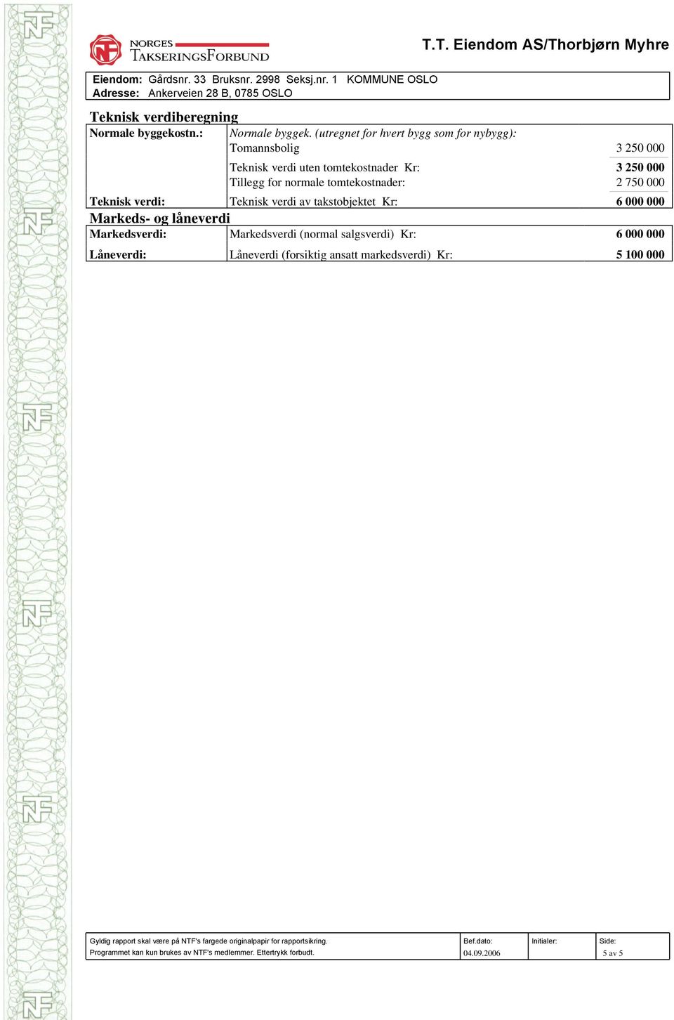 tomtekostnader: 2 750 000 Teknisk verdi: Teknisk verdi av takstobjektet Kr: 6 000 000 Markeds- og låneverdi Markedsverdi: