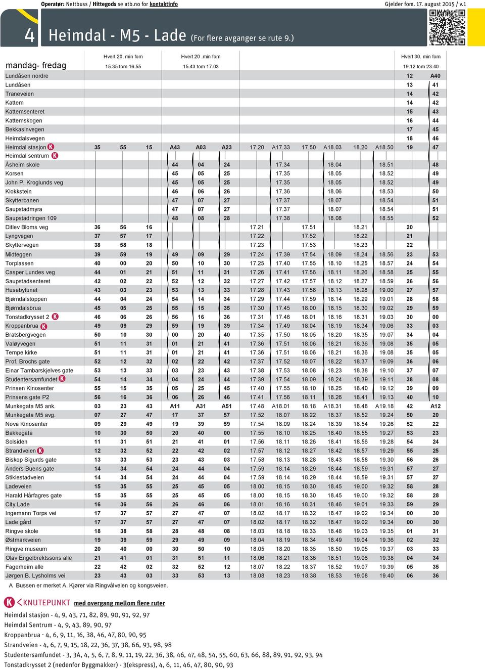 40 Lundåsen nordre 12 A40 Lundåsen 13 41 Traneveien 14 42 Kattem 14 42 Kattemsenteret 15 43 Kattemskogen 16 44 Bekkasinvegen 17 45 Heimdalsvegen 18 46 Heimdal stasjon oversikt 35 55 15 A43 A03 A23 17.