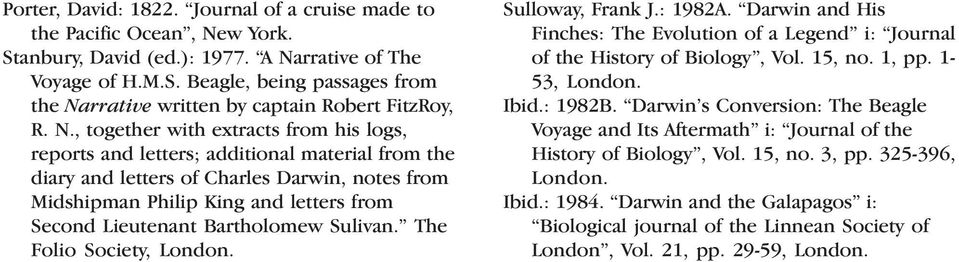 Bartholomew Sulivan. The Folio Society, London. Sulloway, Frank J.: 1982A. Darwin and His Finches: The Evolution of a Legend i: Journal of the History of Biology, Vol. 15, no. 1, pp. 1-53, London.