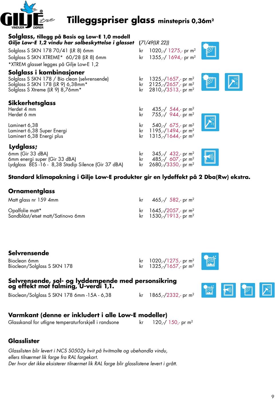 S SKN 178 (L 9) 6,38mm* kr 2125,-/2657,- pr m 2 Solglass S Xtreme (L 9) 8,76mm* kr 2810,-/3513,- pr m 2 Sikkerhetsglass erdet 4 mm kr 435,-/ 544,- pr m 2 erdet 6 mm kr 755,-/ 944,- pr m 2 Laminert