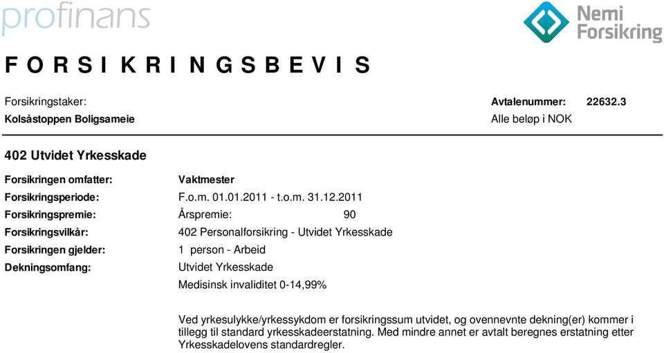 Yrkesskade Forsikringen gjelder: 1 person - Arbeid Dekningsomfang: Utvidet Yrkesskade Medisinsk invaliditet 0-14,99% Ved