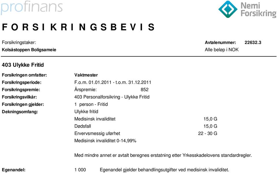 Forsikringen gjelder: 1 person - Fritid Dekningsomfang: Ulykke fritid Medisinsk invaliditet Dødsfall Ervervsmessig uførhet