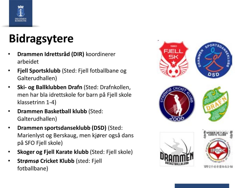 klassetrinn 1-4) Drammen Basketball klubb (Sted: Galterudhallen) Drammen sportsdanseklubb (DSD) (Sted: Marienlyst og
