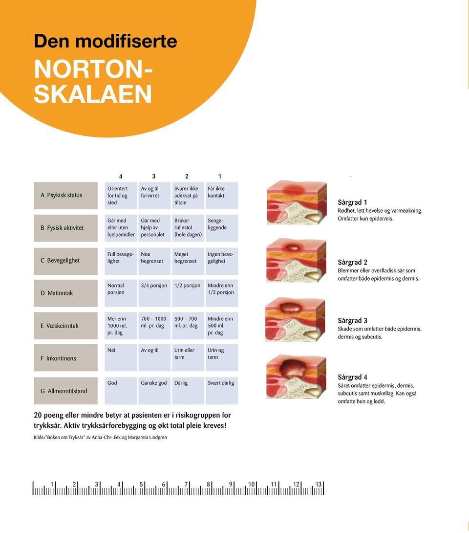 dag Av og til forvirret Går med hjelp av personalet Noe begrenset Sårgrad 2 Blemmer eller overfladisk sår som omfatter både epidermis og dermis.