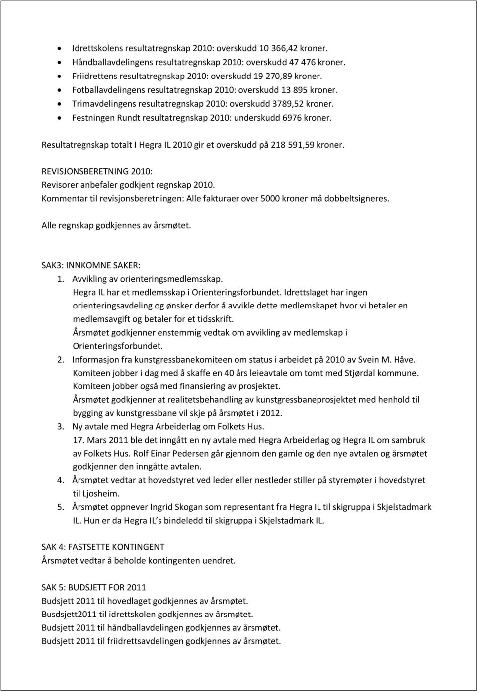 Resultatregnskap totalt I Hegra IL 2010 gir et overskudd på 218 591,59 kroner. REVISJONSBERETNING 2010: Revisorer anbefaler godkjent regnskap 2010.