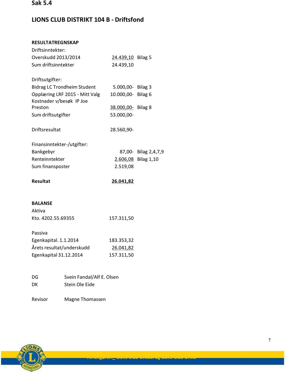 Mitt Valg Kostnader v/besøk IP Joe Preston Sum driftsutgifter Driftsresultat Finansinntekter- /utgifter: Bankgebyr Renteinntekter Sum finansposter Resultat 24.439,10 Bilag 5 24.