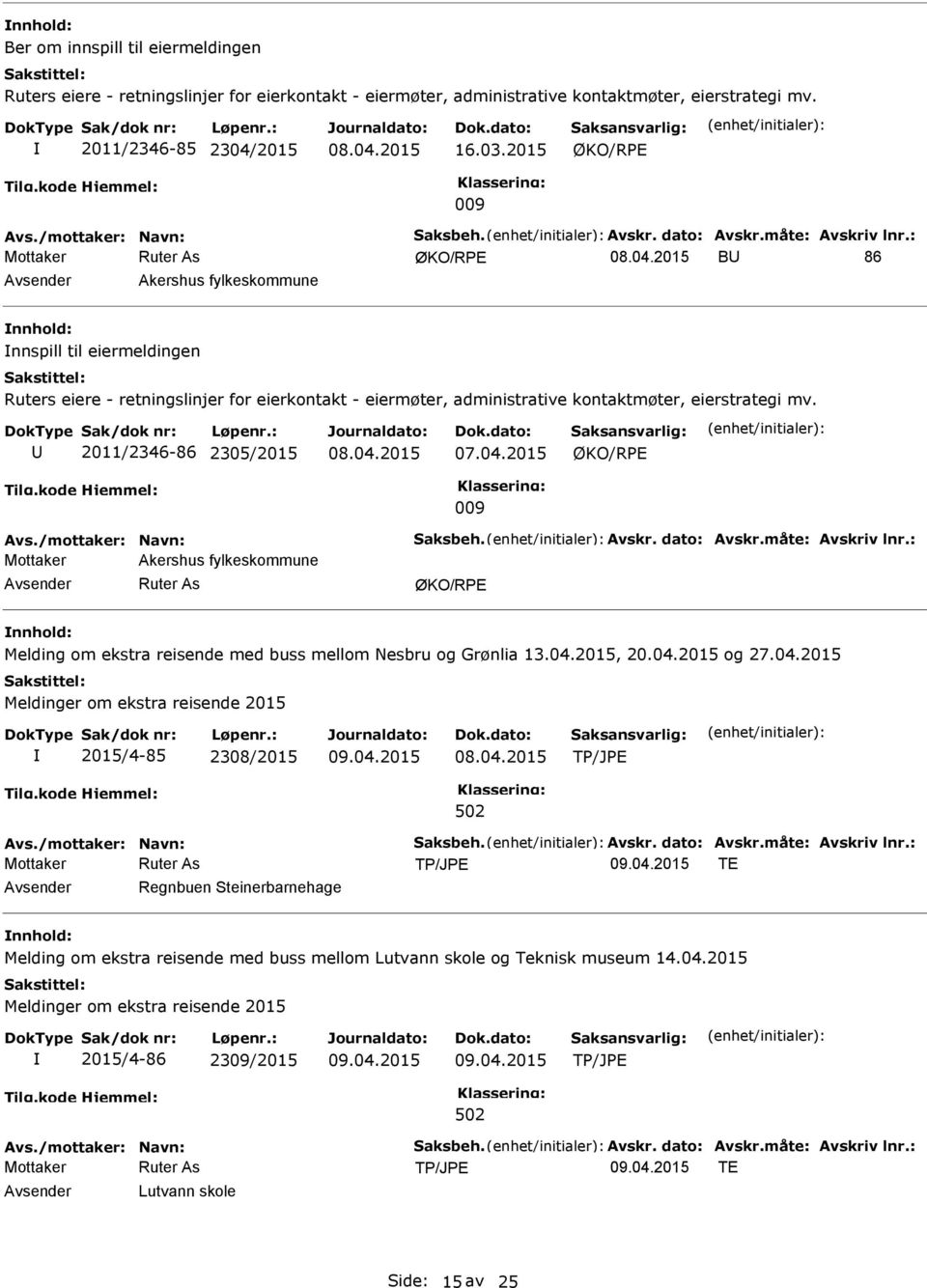 2011/2346-86 2305/2015 ØKO/RPE 009 Mottaker Akershus fylkeskommune ØKO/RPE Melding om ekstra reisende med buss mellom Nesbru og Grønlia 13.04.