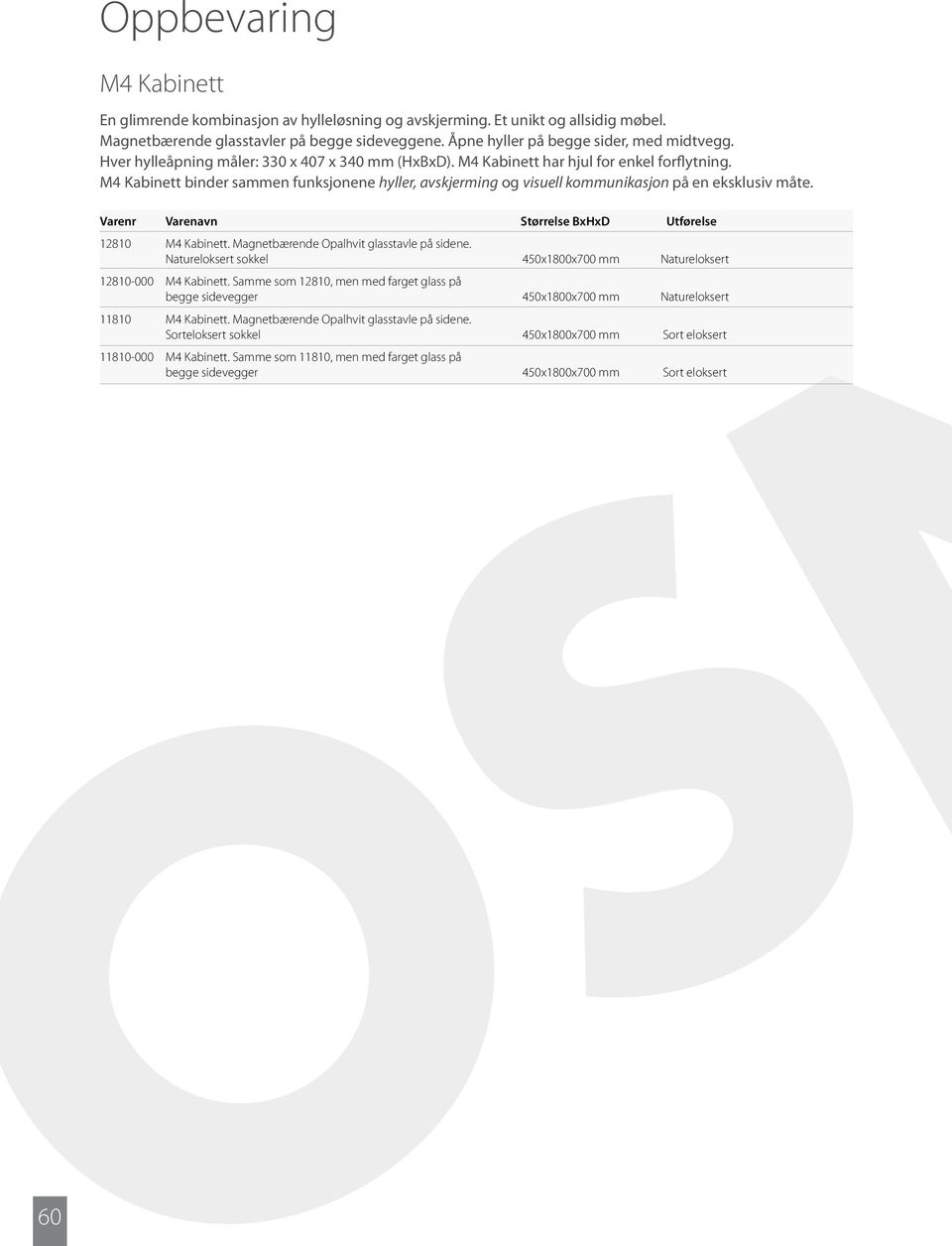 Varenr Varenavn Størrelse BxHxD Utførelse 12810 M4 Kabinett. Magnetbærende Opalhvit glasstavle på sidene. Natureloksert sokkel 450x1800x700 mm Natureloksert 12810-000 M4 Kabinett.